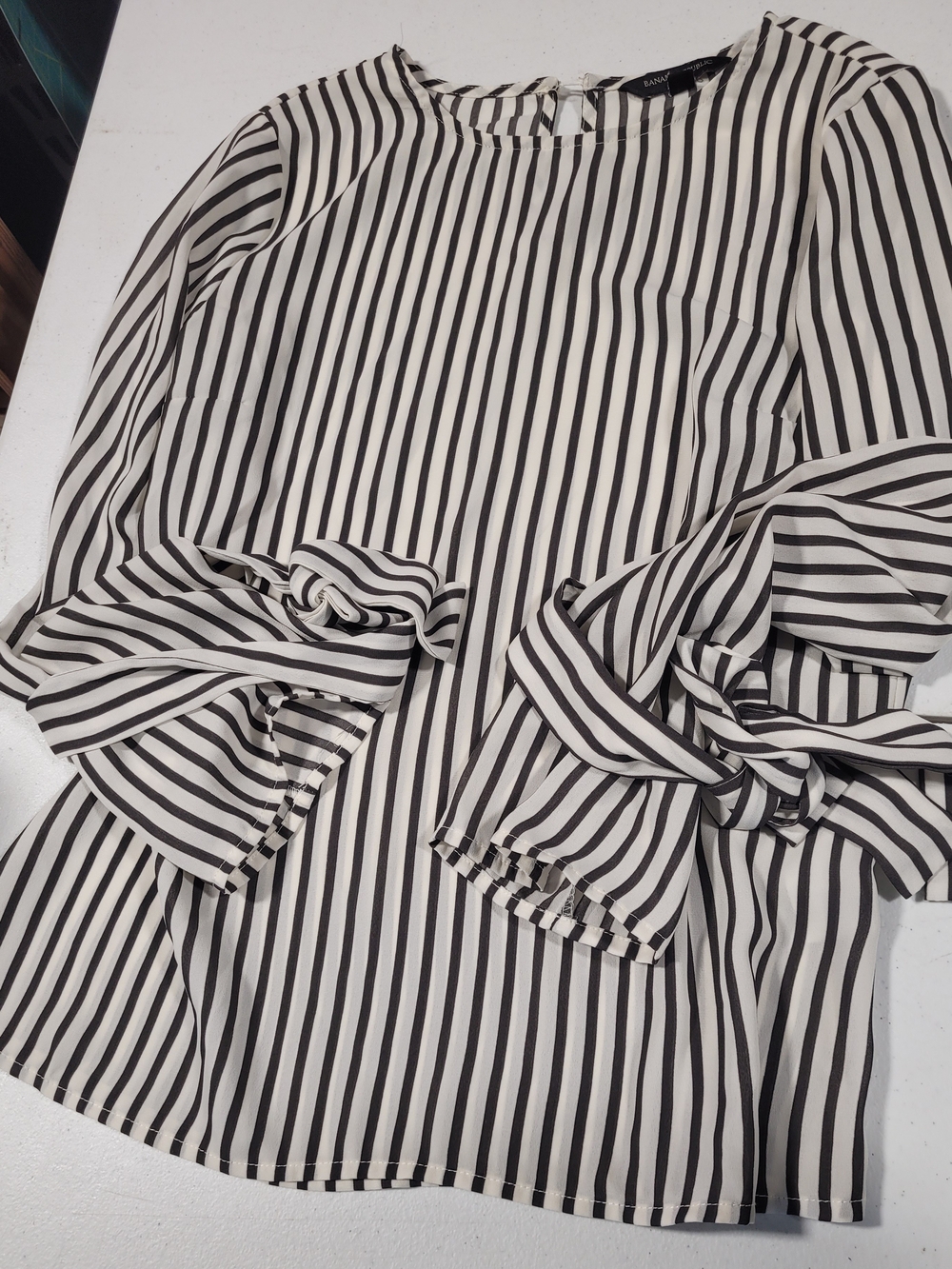 Banana Republic Black and White Striped Knot-Sleeve Blouse